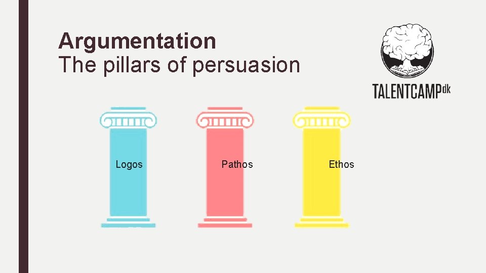 Argumentation The pillars of persuasion Logos Pathos Ethos 