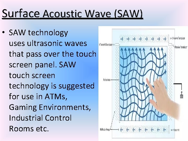 Surface Acoustic Wave (SAW) • SAW technology uses ultrasonic waves that pass over the