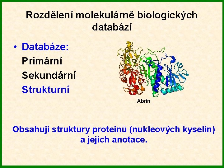 Rozdělení molekulárně biologických databází • Databáze: Primární Sekundární Strukturní Abrin Obsahují struktury proteinů (nukleových