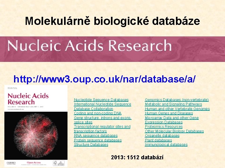 Molekulárně biologické databáze http: //www 3. oup. co. uk/nar/database/a/ Nucleotide Sequence Databases International Nucleotide