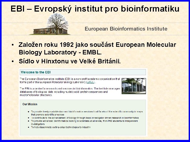 EBI – Evropský institut pro bioinformatiku • Založen roku 1992 jako součást European Molecular