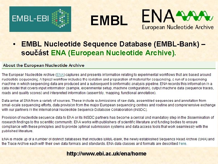 EMBL • EMBL Nucleotide Sequence Database (EMBL-Bank) – součást ENA (European Nucleotide Archive). http: