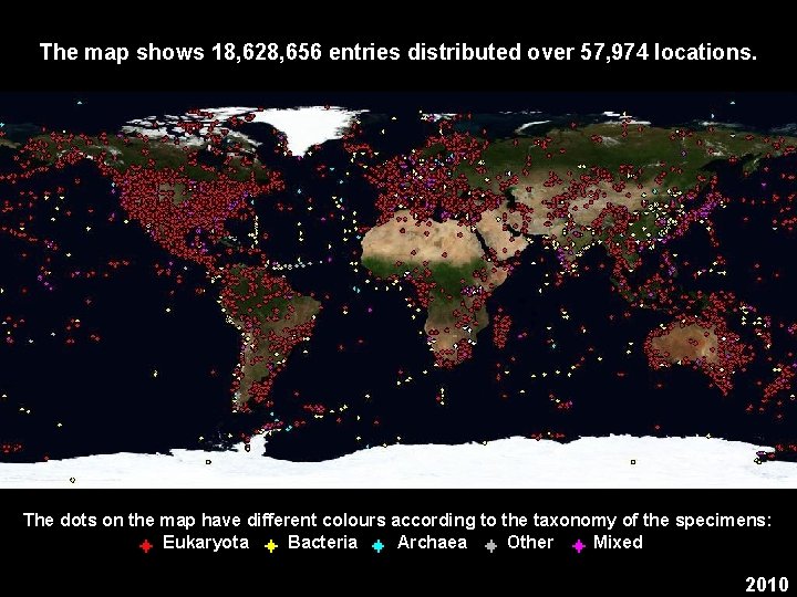 The map shows 18, 628, 656 entries distributed over 57, 974 locations. The dots