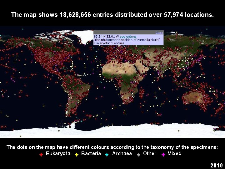 The map shows 18, 628, 656 entries distributed over 57, 974 locations. The dots