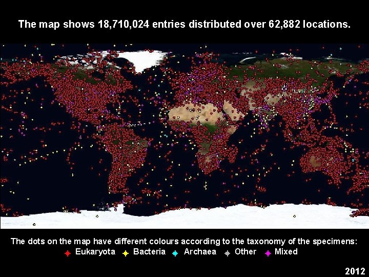 The map shows 18, 710, 024 entries distributed over 62, 882 locations. The dots