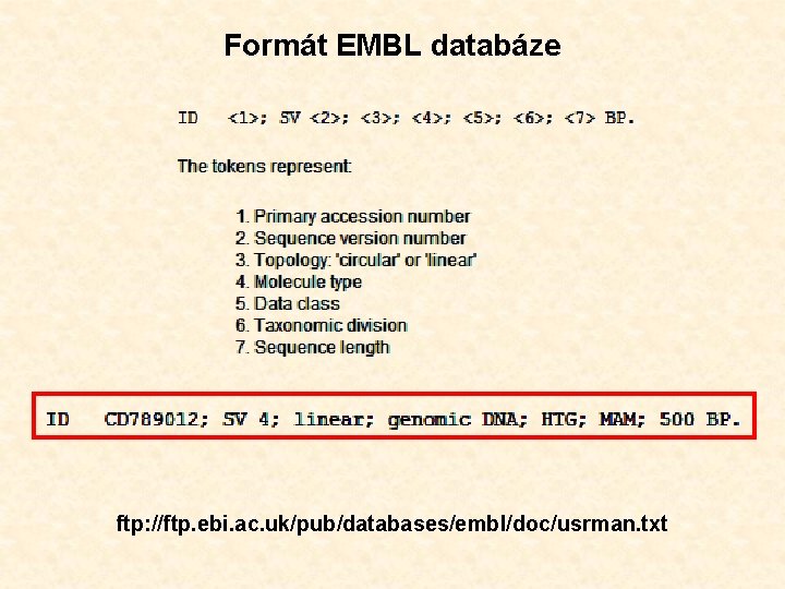 Formát EMBL databáze ftp: //ftp. ebi. ac. uk/pub/databases/embl/doc/usrman. txt 