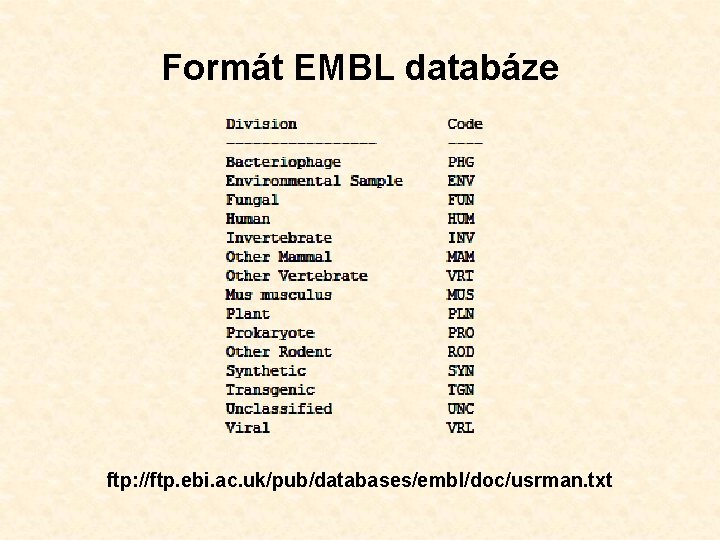 Formát EMBL databáze ftp: //ftp. ebi. ac. uk/pub/databases/embl/doc/usrman. txt 