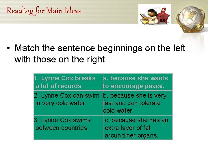Reading for Main Ideas • Match the sentence beginnings on the left with those