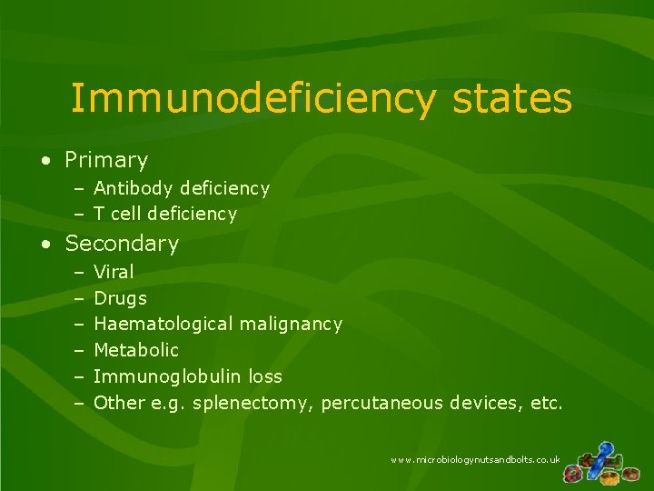 Immunodeficiency states • Primary – Antibody deficiency – T cell deficiency • Secondary –