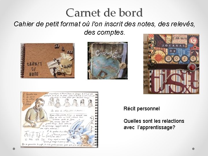 Carnet de bord Cahier de petit format où l'on inscrit des notes, des relevés,