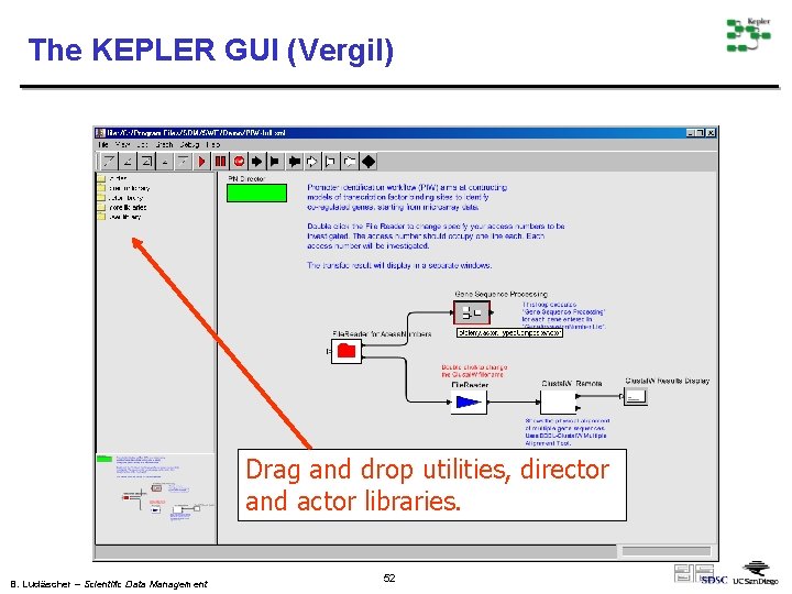 The KEPLER GUI (Vergil) Drag and drop utilities, director and actor libraries. B. Ludäscher