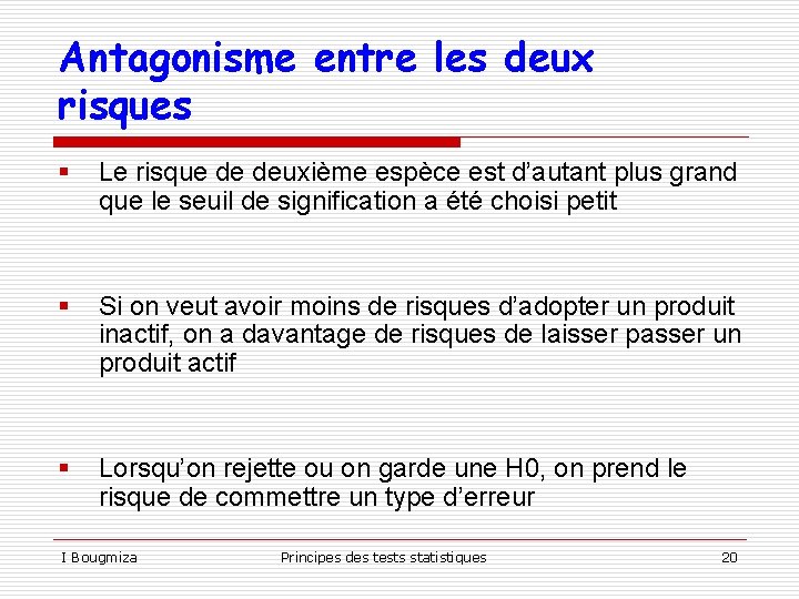 Antagonisme entre les deux risques § Le risque de deuxième espèce est d’autant plus