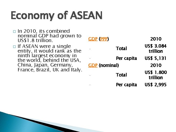 Economy of ASEAN � � In 2010, its combined nominal GDP had grown to