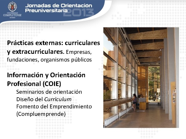 Prácticas externas: curriculares y extracurriculares. Empresas, fundaciones, organismos públicos Información y Orientación Profesional (COIE)