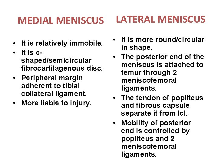 MEDIAL MENISCUS LATERAL MENISCUS • It is relatively immobile. • It is cshaped/semicircular fibrocartilagenous