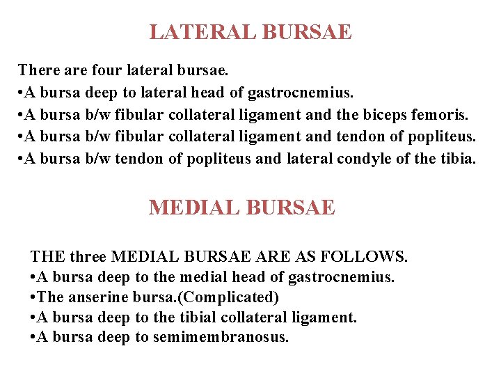 LATERAL BURSAE There are four lateral bursae. • A bursa deep to lateral head