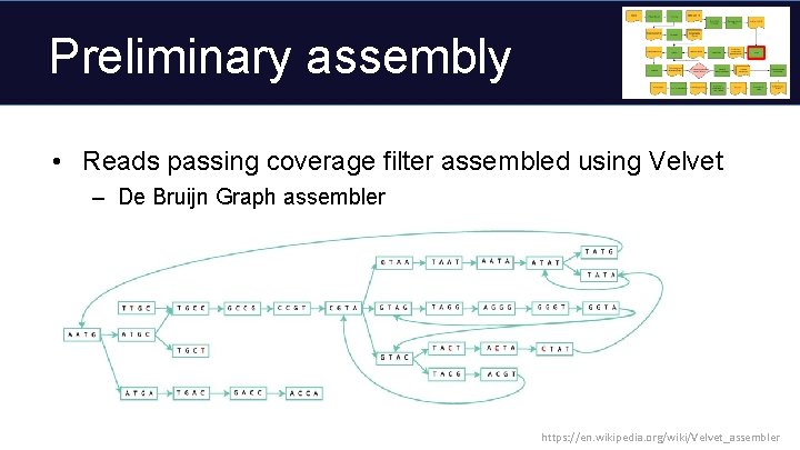 Preliminary assembly • Reads passing coverage filter assembled using Velvet – De Bruijn Graph
