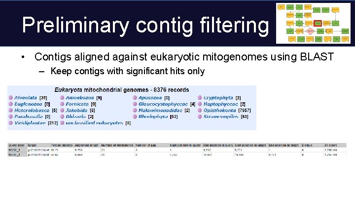 Preliminary contig filtering • Contigs aligned against eukaryotic mitogenomes using BLAST – Keep contigs