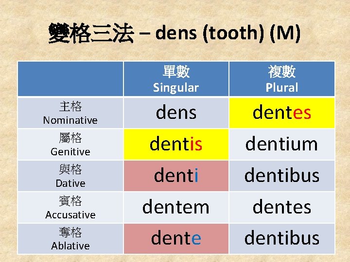 變格三法 – dens (tooth) (M) 主格 Nominative 屬格 Genitive 與格 Dative 賓格 Accusative 奪格