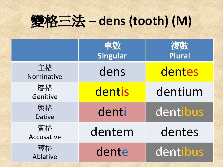 變格三法 – dens (tooth) (M) 主格 Nominative 屬格 Genitive 與格 Dative 賓格 Accusative 奪格