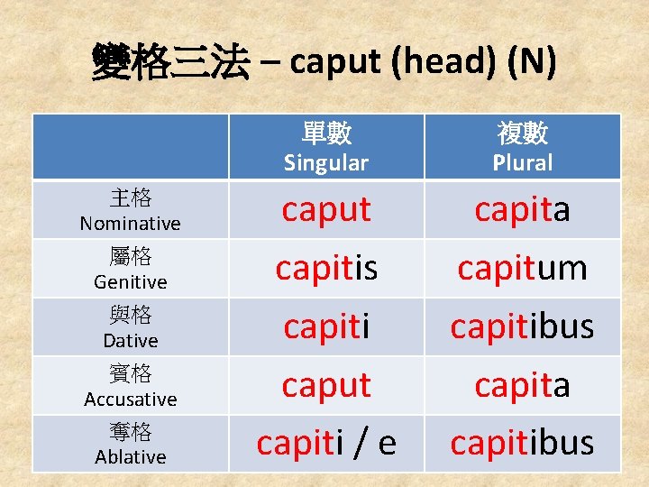 變格三法 – caput (head) (N) 主格 Nominative 屬格 Genitive 與格 Dative 賓格 Accusative 奪格
