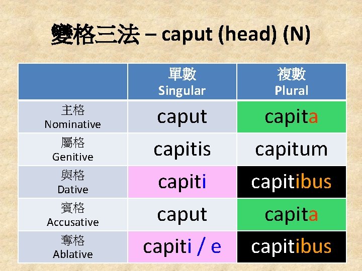 變格三法 – caput (head) (N) 主格 Nominative 屬格 Genitive 與格 Dative 賓格 Accusative 奪格
