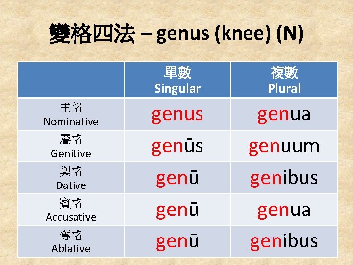 變格四法 – genus (knee) (N) 主格 Nominative 屬格 Genitive 與格 Dative 賓格 Accusative 奪格