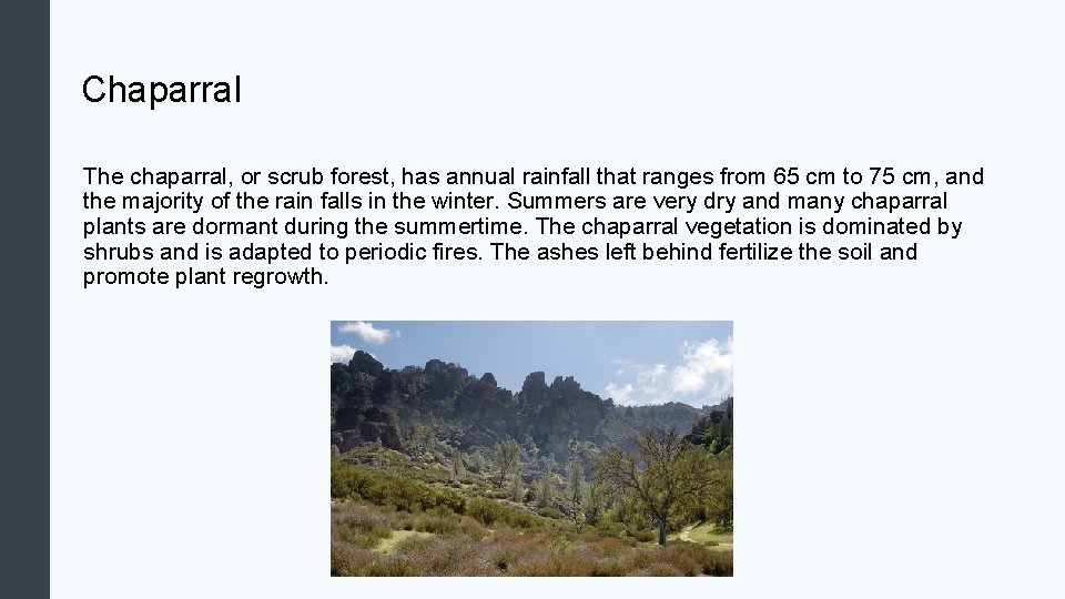 Chaparral The chaparral, or scrub forest, has annual rainfall that ranges from 65 cm