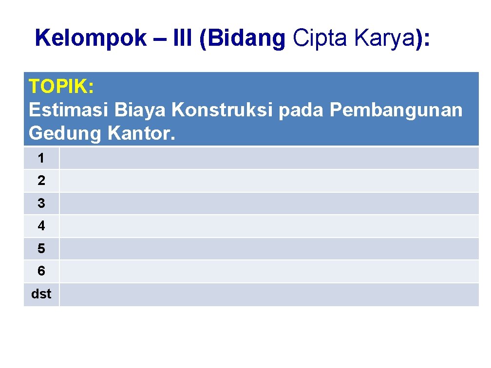 Kelompok – III (Bidang Cipta Karya): TOPIK: Estimasi Biaya Konstruksi pada Pembangunan Gedung Kantor.