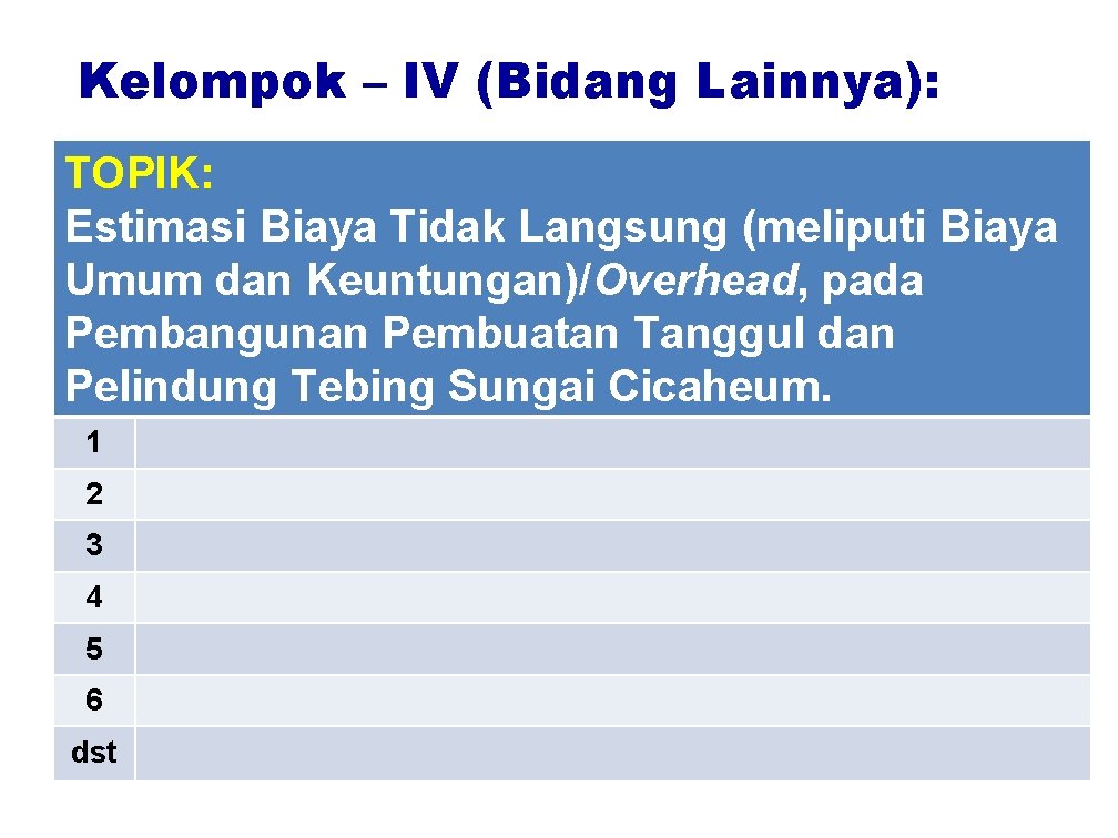 Kelompok – IV (Bidang Lainnya): TOPIK: Estimasi Biaya Tidak Langsung (meliputi Biaya Umum dan