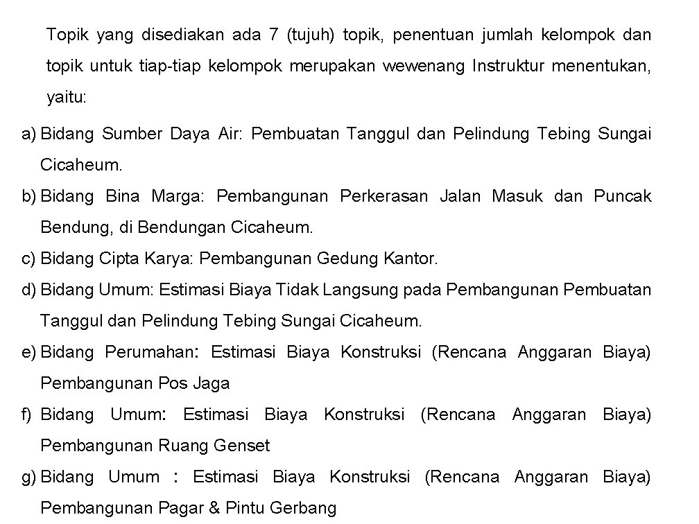 Topik yang disediakan ada 7 (tujuh) topik, penentuan jumlah kelompok dan topik untuk tiap-tiap