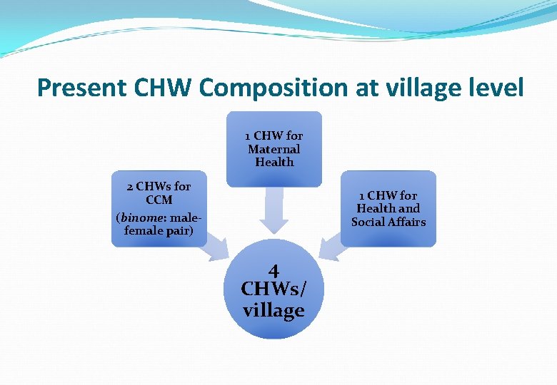 Present CHW Composition at village level 1 CHW for Maternal Health 2 CHWs for