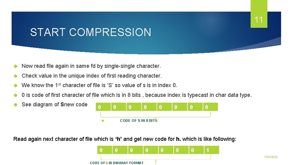 11 START COMPRESSION Now read file again in same fd by single-single character. Check