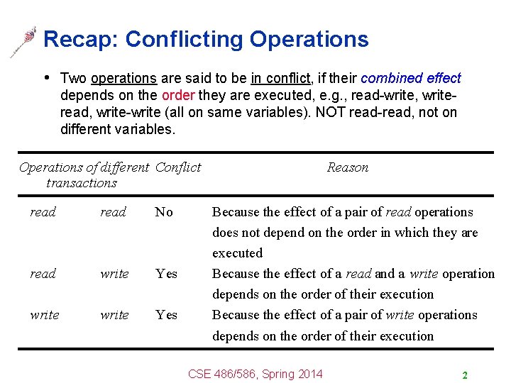 Recap: Conflicting Operations • Two operations are said to be in conflict, if their