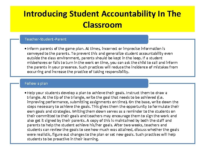 Introducing Student Accountability In The Classroom Teacher-Student-Parent • Inform parents of the game plan.