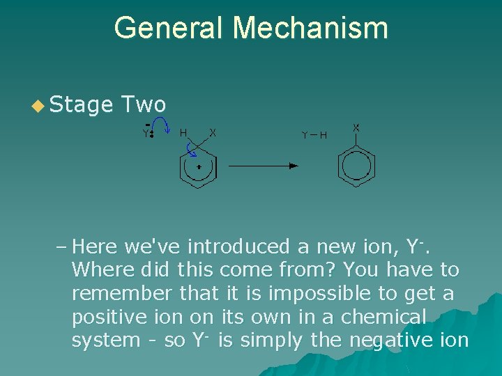 General Mechanism u Stage Two – Here we've introduced a new ion, Y-. Where