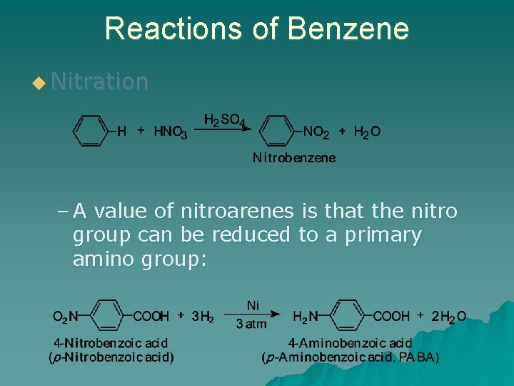 Reactions of Benzene u Nitration – A value of nitroarenes is that the nitro