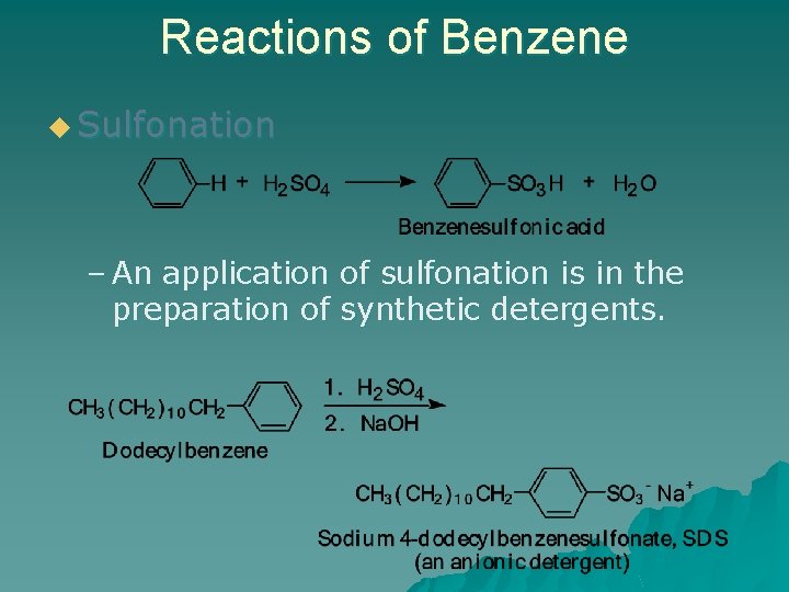 Reactions of Benzene u Sulfonation – An application of sulfonation is in the preparation