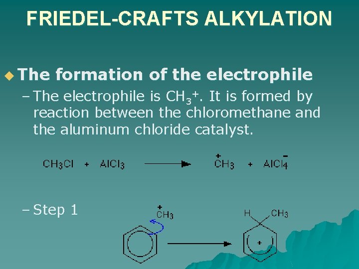 FRIEDEL-CRAFTS ALKYLATION u The formation of the electrophile – The electrophile is CH 3+.