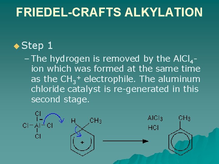 FRIEDEL-CRAFTS ALKYLATION u Step 1 – The hydrogen is removed by the Al. Cl