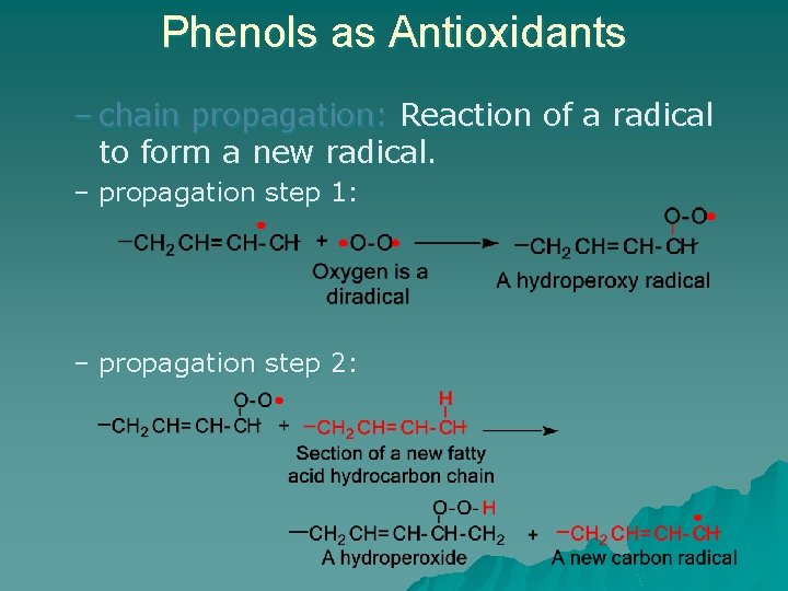 Phenols as Antioxidants – chain propagation: Reaction of a radical to form a new