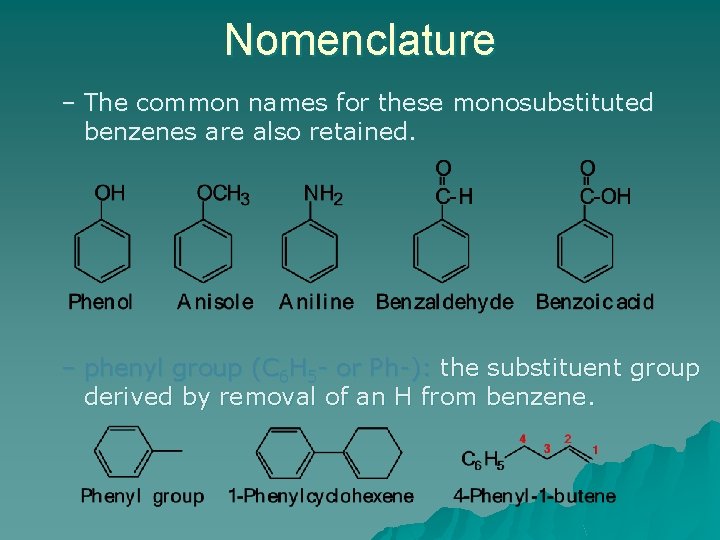 Nomenclature – The common names for these monosubstituted benzenes are also retained. – phenyl