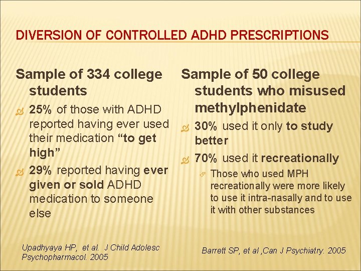 DIVERSION OF CONTROLLED ADHD PRESCRIPTIONS Sample of 334 college students 25% of those with