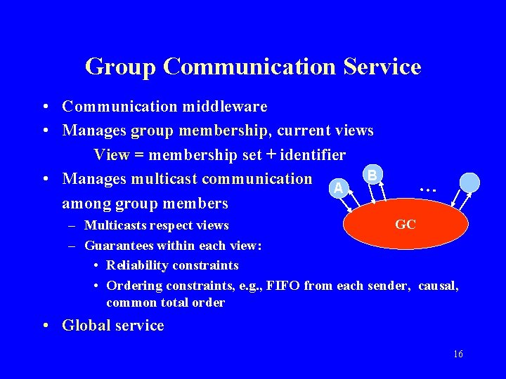 Group Communication Service • Communication middleware • Manages group membership, current views View =