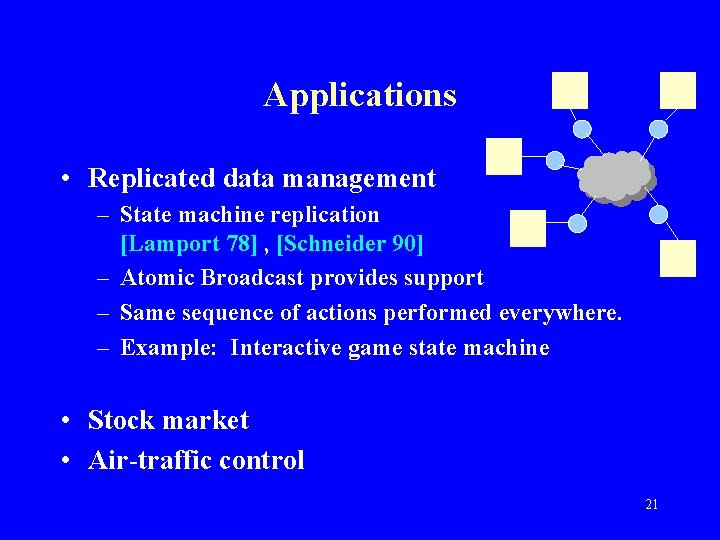 Applications • Replicated data management – State machine replication [Lamport 78] , [Schneider 90]