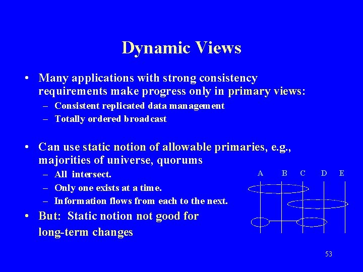 Dynamic Views • Many applications with strong consistency requirements make progress only in primary