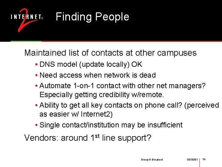 Finding People Maintained list of contacts at other campuses • DNS model (update locally)