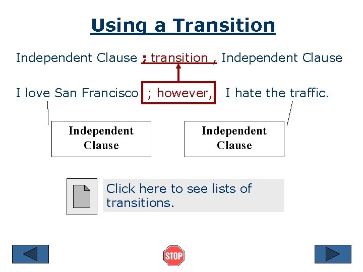 Using a Transition Independent Clause ; transition , Independent Clause I love San Francisco