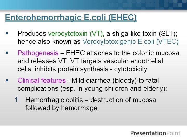 Enterohemorrhagic E. coli (EHEC) § Produces verocytotoxin (VT), a shiga-like toxin (SLT); hence also