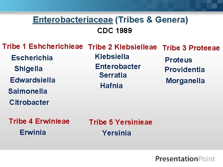 Enterobacteriaceae (Tribes & Genera) CDC 1989 Tribe 1 Eshcherichieae Tribe 2 Klebsielleae Tribe 3